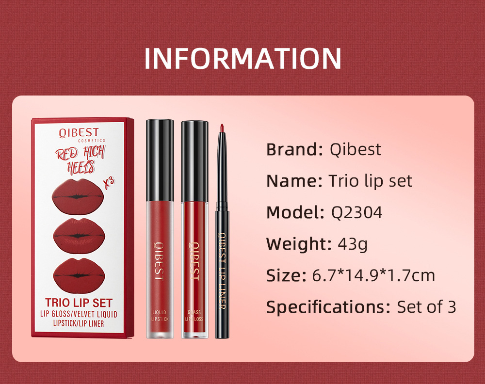 QIBEST Cross Border non-stick cup non-fading lip glaze matte mist moisturizing lip line set 3-in-1 Makeup undefined