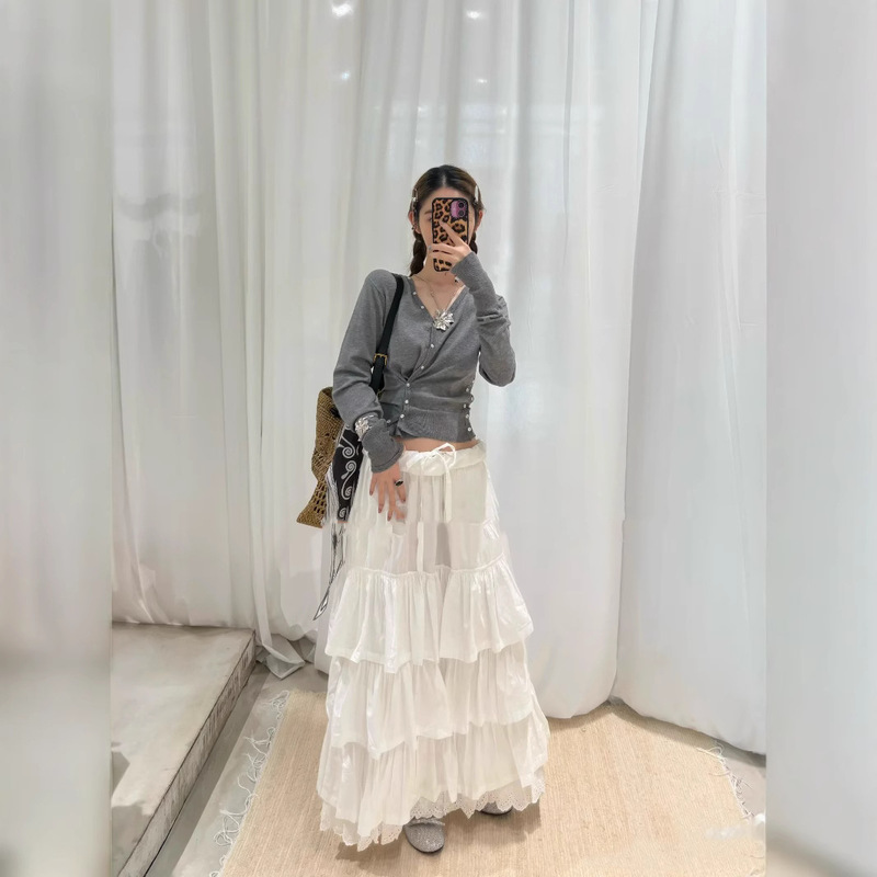 [in Stock, Clearance] Open Yy26 Summer Skirt with Flip Waistband Design, Multi-Layered Cake Long Skirt, Black/White