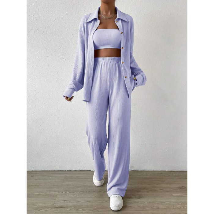 Women's Clothing Autumn And Winter Solid Color Button Cardigan Lapel Casual Fashion Two Piece Set_voghion.com