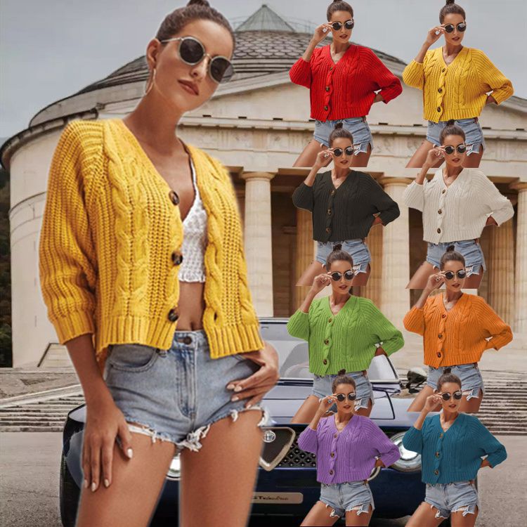 Comercio exterior transfronterizo europeo y americano nuevo botón de color sólido suéter de punto suelto cardigan Amazon nuevo suéter de abrigo para las mujeres