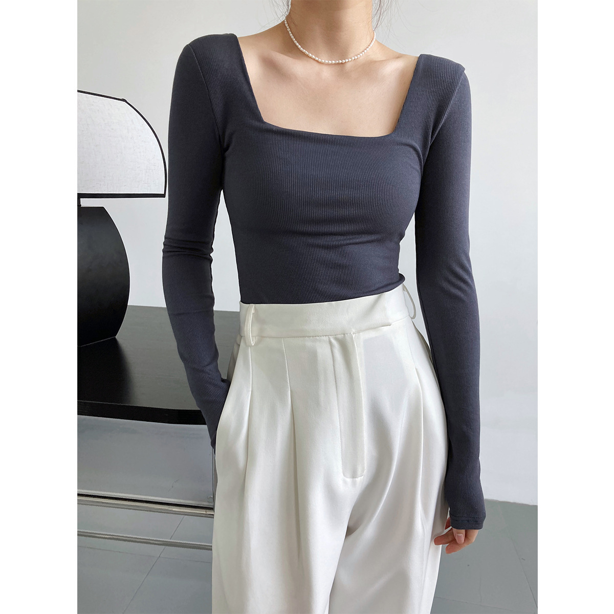 Principios de otoño diseño de manga larga Camiseta cuello cuadrado de las mujeres slim fit adelgazar clavícula cuello bajo ombligo corto camisa de fondo superior