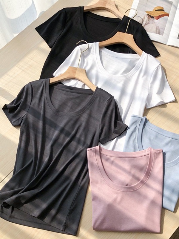 マルベリーシルク Tシャツ レディース 半袖 ラージ ラウンドネック 露鎖骨 右肩 アウター 半袖 ボトムシャツ トップス|undefined
