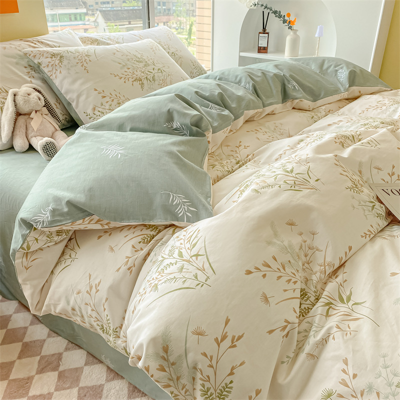 Juego de cuatro piezas de algodón fresco, juego de tres piezas de algodón, funda de edredón gruesa para el hogar, sábana de dormitorio, lijado, cama individual para estudiantes