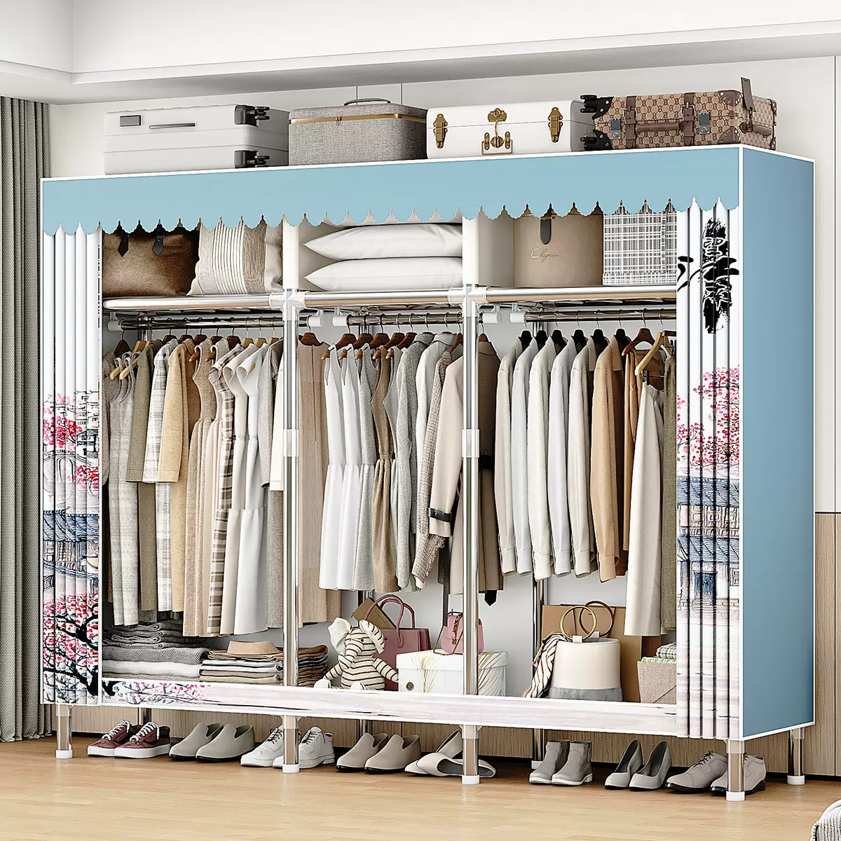 简易衣柜儿童落地组装衣橱家用出租房宿舍全钢架加粗简易布衣柜