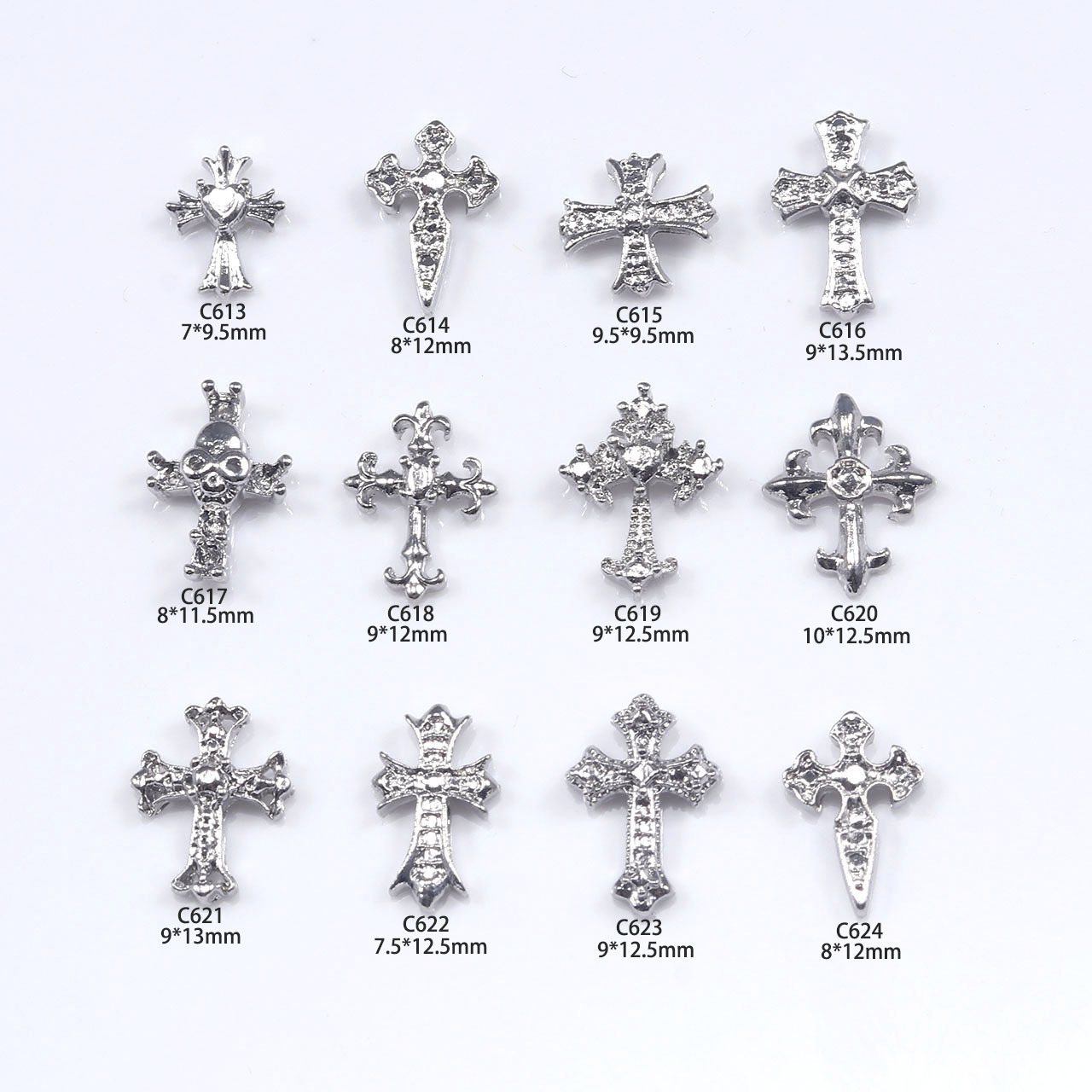 New trendy cross nail art alloy jewelry, retro punk style, wearable nail decorations, metal embellishments with rhinestones