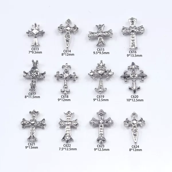 New trendy cross nail art alloy jewelry, retro punk style, wearable nail decorations, metal embellishments with rhinestones