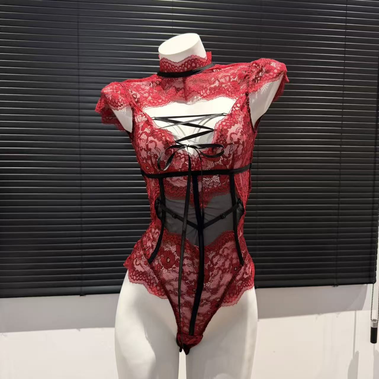 French Style Lace Patchwork Bodysuit And Uniform Lingerie Set_voghion.com