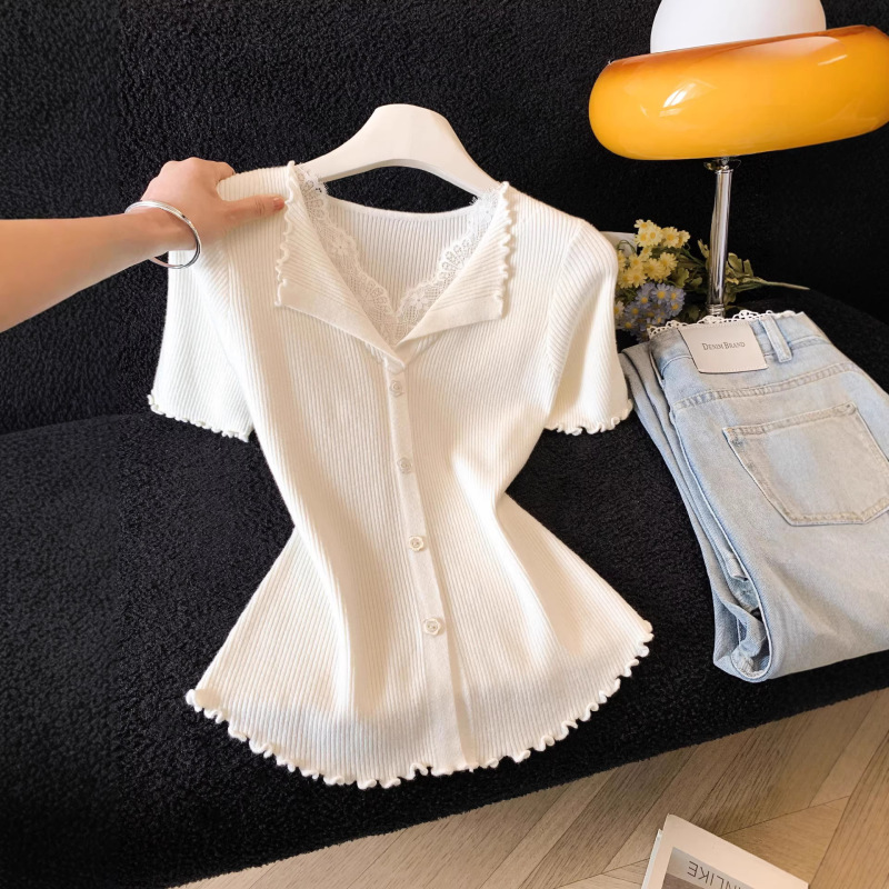 Real Shot~ Lace Patchwork Short-Sleeve Knit Top 2026 New Model, This Year's Trendy Hot Item, Super Beautiful and Stylish Design Top
