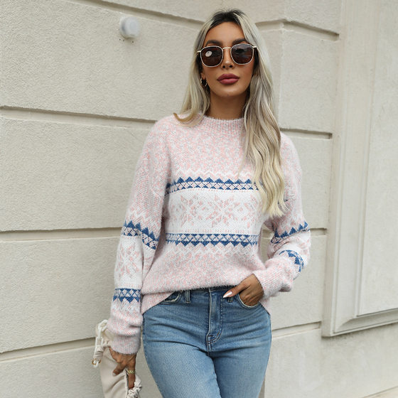 Chenille European and American Foreign trade Christmas sweater 2023 autumn and winter New Amazon half turtleneck snowflake sweater for women