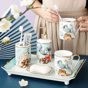 Ingrid Bathroom Five-piece Ceramic Wash Set Household Storage Rack Bathroom Toilet Mouthwash Cup with Tray
