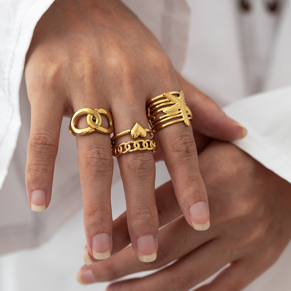 Cross-Border Stainless Steel Ring for Women, Heart-Shaped Starfish Geometric Niche High-End Set of Rings, 18K Gold Jewelry Accessories