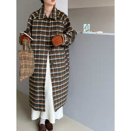 江左 复古美拉德夹棉格子呢大衣女新款长款过膝加厚毛呢外套1268