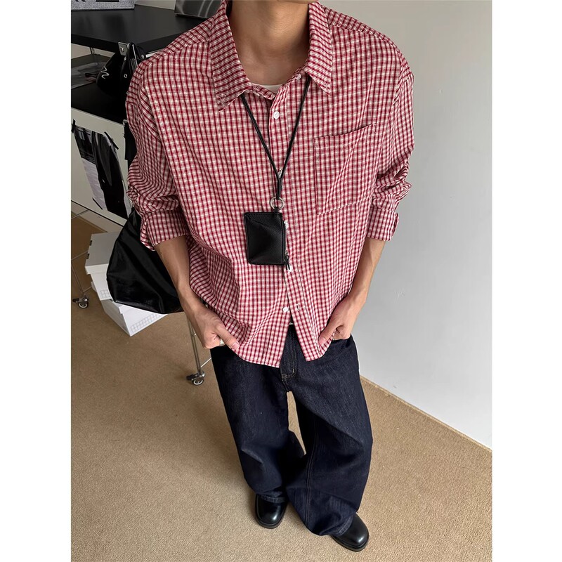 American Retro Red Plaid Shirt for Men and Women, Early Spring Style, Loose, Casual, Versatile, Workwear, Unisex Style, Long-Sleeved Shirt