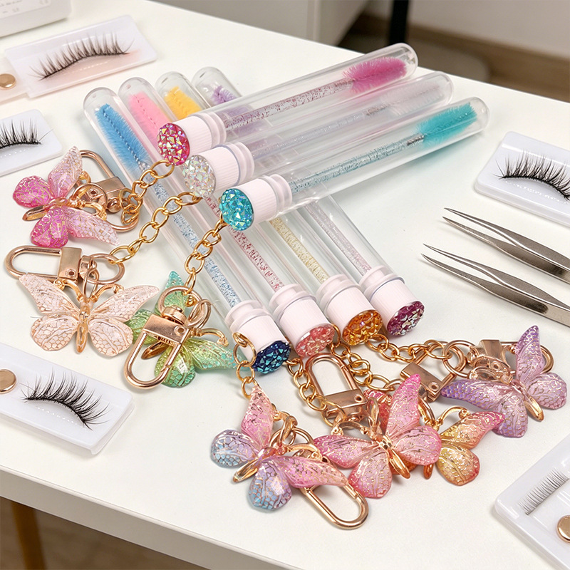 Gradient Color Butterfly Tube Eyelash Brush Portable Tassel Crystal Handle Eyelash Comb Eyelash Grooming Brush Wholesale