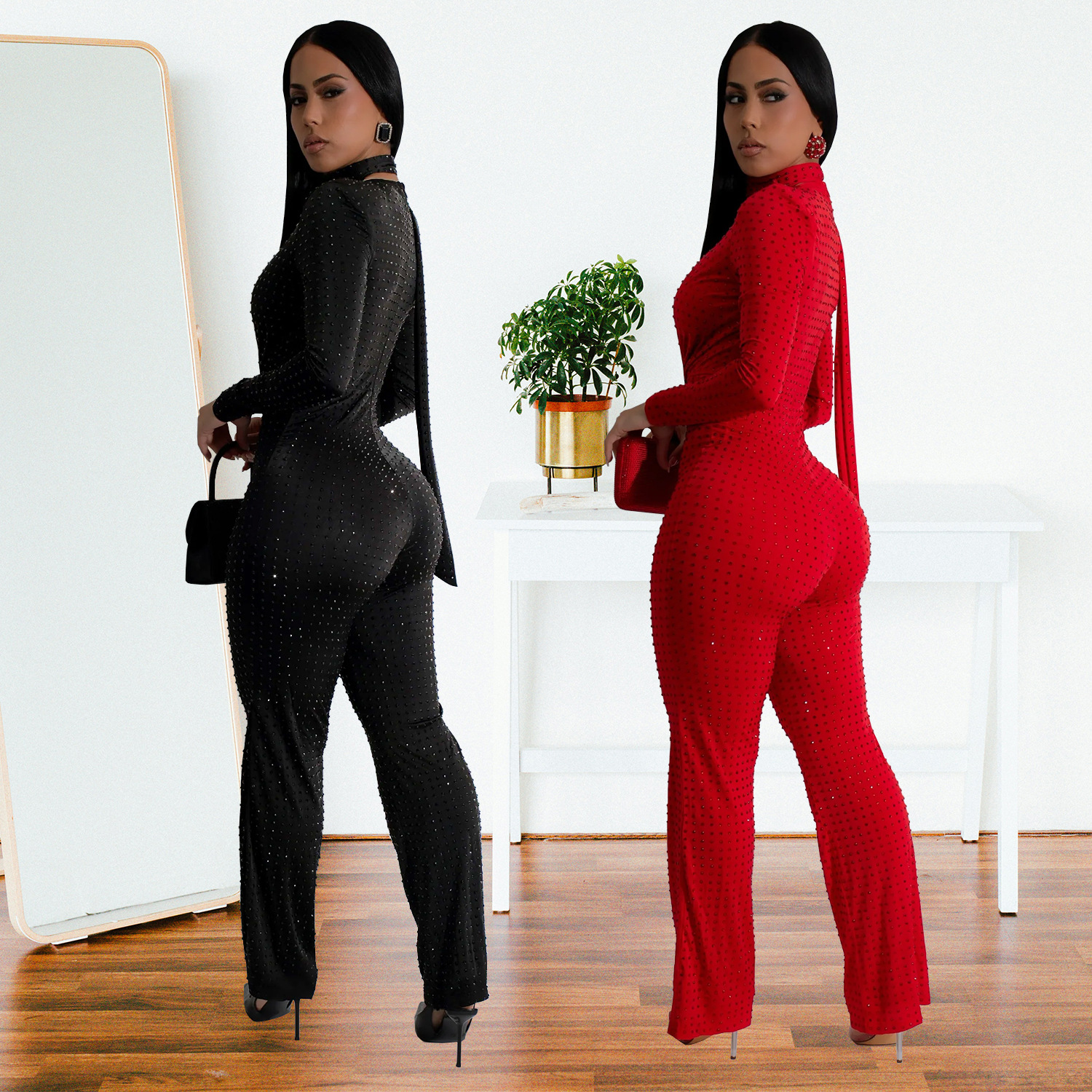 C7213 Aliexpress transfronterizo Amazon Europa y América ropa de moda femenina sexy cuello v manga larga bolsas de brazo de diamante caliente New Jumpsuit