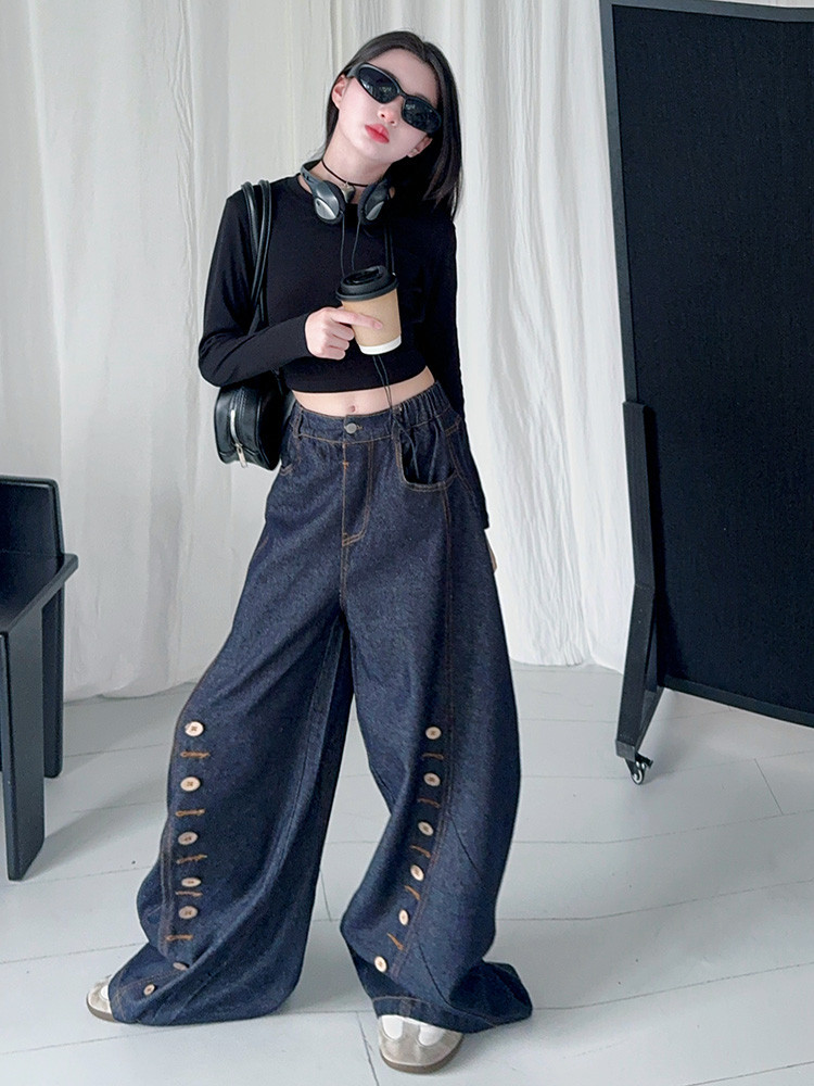 Men's Clothing Buttoned Scimitar Jeans Vintage Button-Fly Curved Hem Jeans For Kids - Soft Denim Stretch Comfort Fit (120-170cm, Unisex)_mkmklike.com