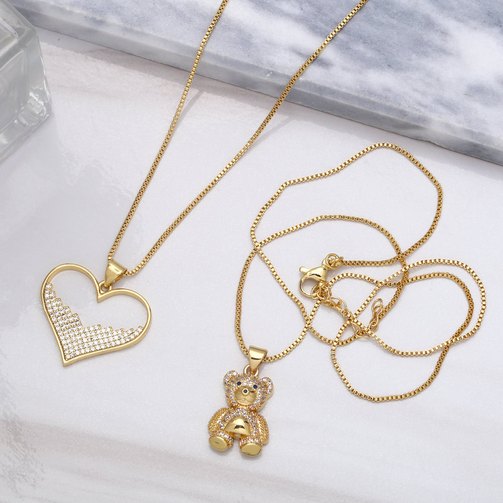 cute animal bear heart shaped inlaid zircon pendant copper necklace wholesale