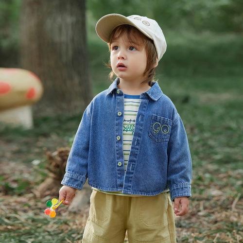 Amira Children's Clothing 2024 Spring New Boys' Letter Print Washed Soft Denim Shirt Casual Versatile Jacket