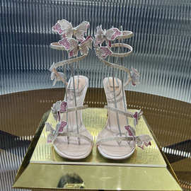 时尚蝴蝶水钻缠绕高跟鞋2025冬季新款性感露趾水晶鞋细跟凉鞋婚鞋