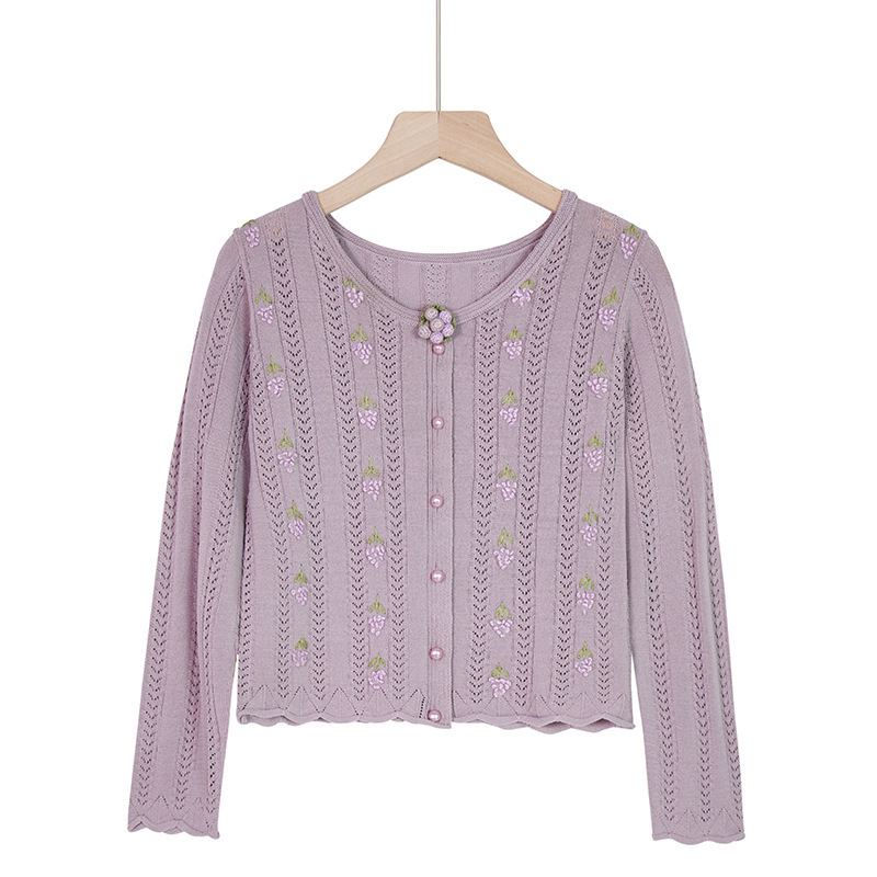 Lace25 Spring Grape Seed Nano Silk Cotton Handmade Hemp Seed Embroidered Grape Mid-Sleeve Knitted Short Cardigan Sun Protection Clothing for Women