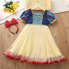 Summer New 2022 Korean Style Baby Girl Dress with Bubble Sleeve, Full-Fashioned Net Snow White Dress from Frozen