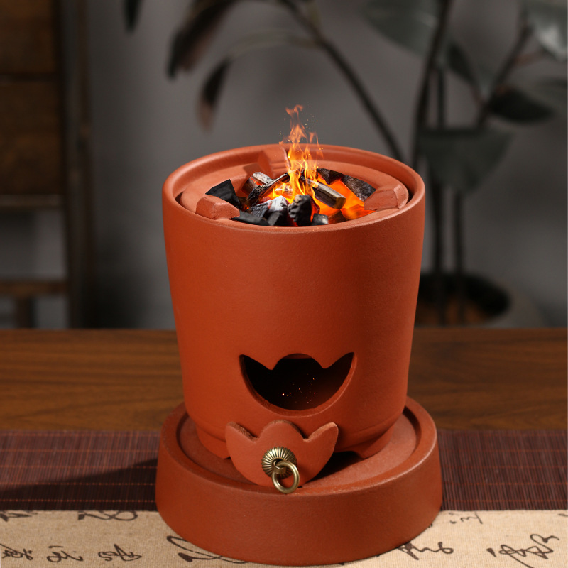 Chaozhou Gongfu Tea Red Clay Ingot-Shaped Stove, Water Boiling Stove, Charcoal Stove, Outdoor Stove, Red Clay Tea Brewing Multi-Purpose Charcoal Stove