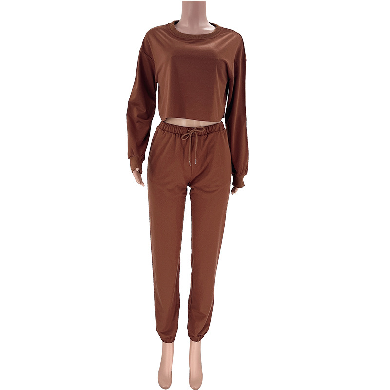 Autumn Winter Solid Color Round Neck Pullover Cropped Long Sleeve Sweaters Women's Clothing Casual Drawstring Trousers Suit