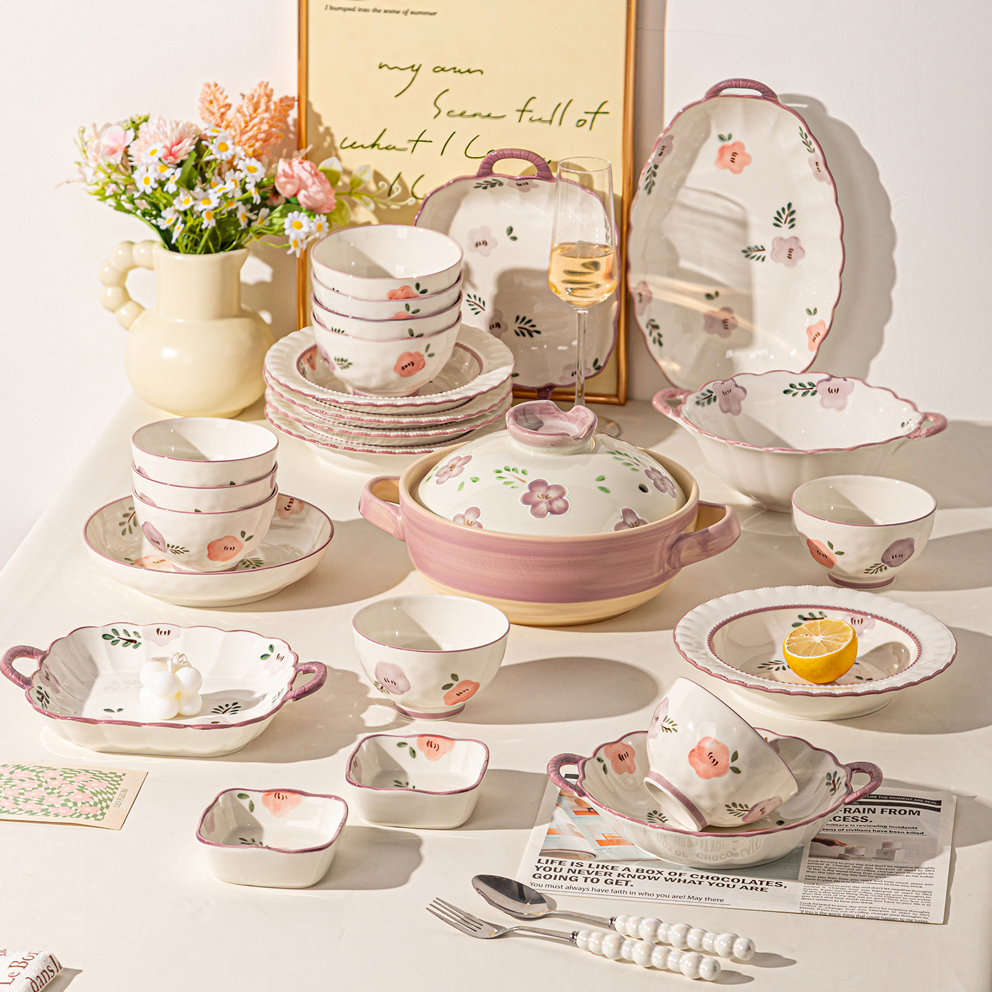 [Cross-Border] ZiXuan Flower High Value Face Bowl Ceramic Plates Under Color Plates Combination Regalo Bolos de sopa de orejas