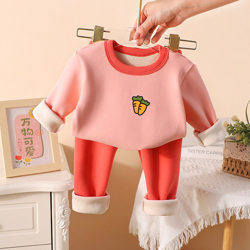 Autumn and winter children's velvet autumn clothes and long trousers for boys and girls, low-collar warm and medium-sized children's color matching velvet thermal underwear set