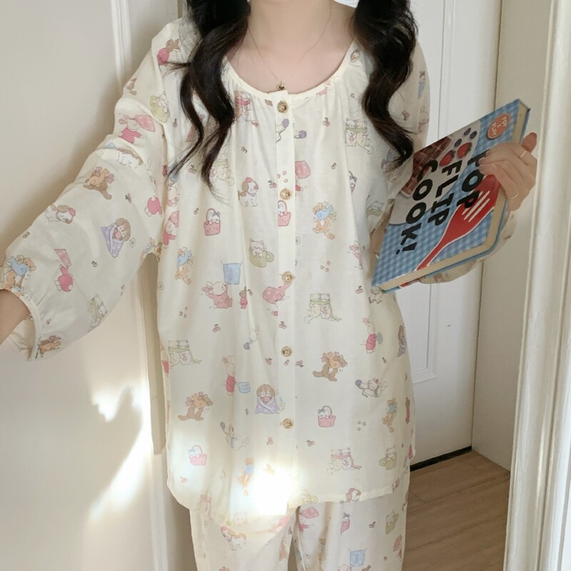 New Korean Style Super Soft and Cute Ins Style Pajamas Pure Cotton Double-Layer Yarn Round Neck Breathable Home Wear Set