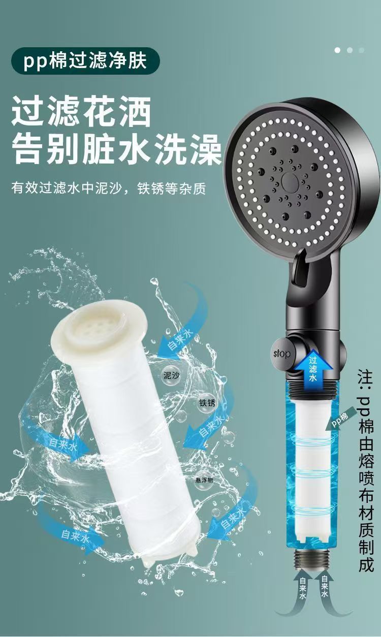 Five-speed pressurized filter cotton showerhead set for bathroom, handheld five-speed pressurized showerhead, visible filter cotton, one-button water stop undefined