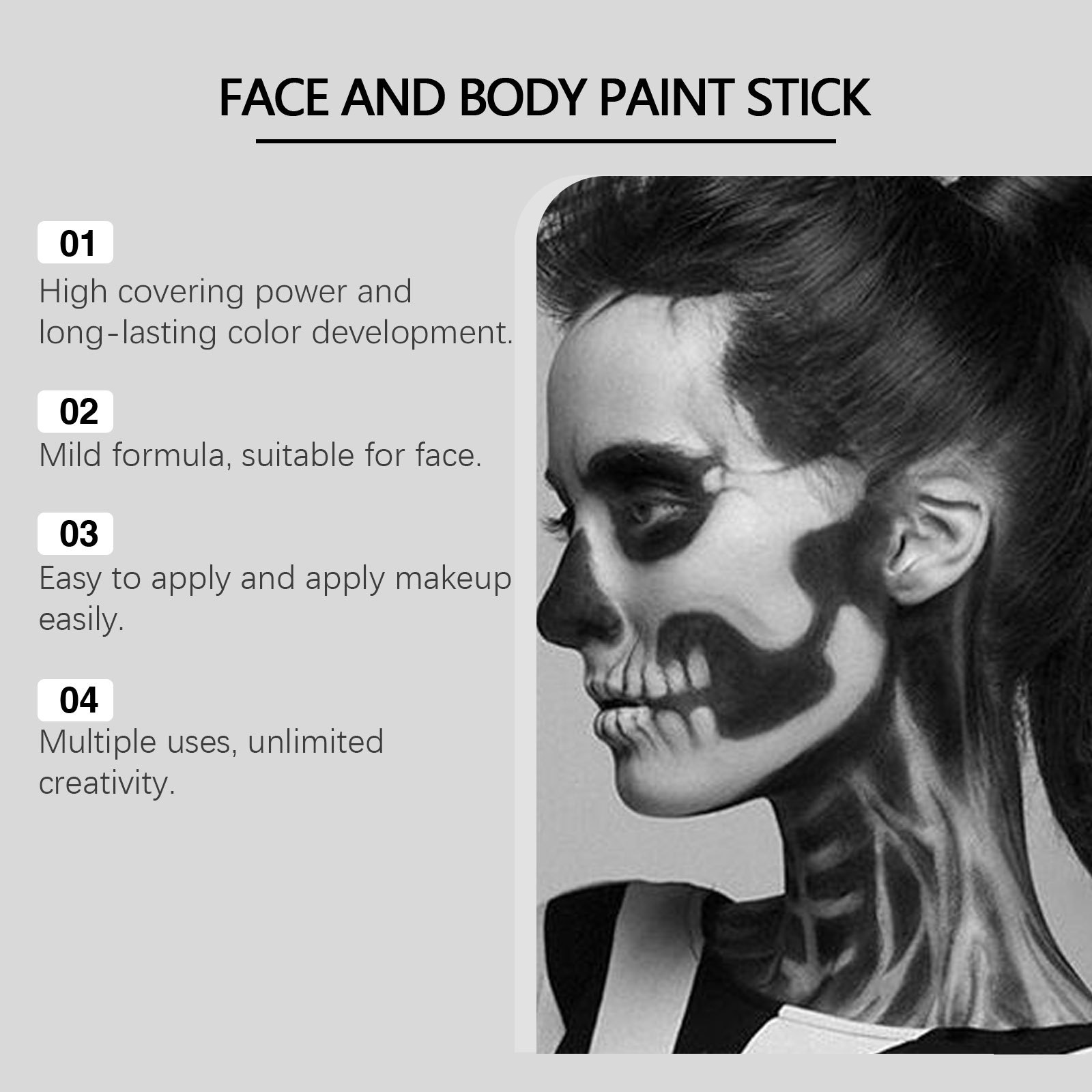 Black  White Face Paint Kit - Long-Lasting Waterproof Halloween Makeup Set