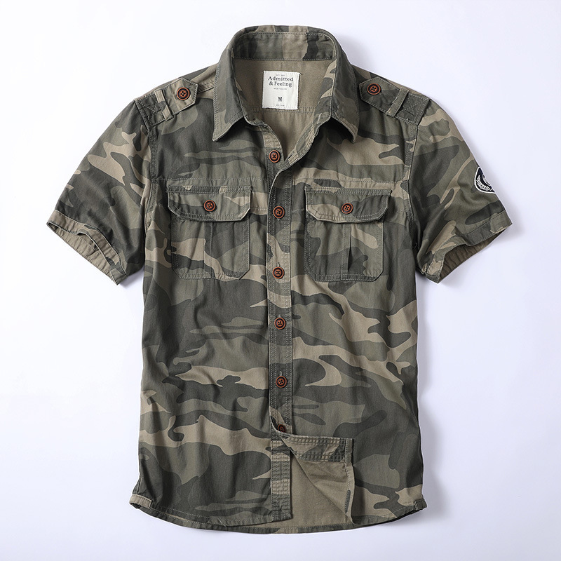 Cross-Border American Retro Washed Summer Casual Shirt for Men, Cotton Camouflage Loose Wear-Resistant Workwear Top with Turn-Down Collar and Short Sleeves Cross-Border American Retro Washed Summer Casual Shirt for Men, Cotton Camouflage Loose Wear-Resistant Workwear Top with Turn-Down Collar and Short Sleeves