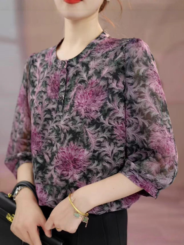 时尚花色衬衫女士2025夏季新款妈妈装印花圆领七分袖小衫洋气上衣|undefined