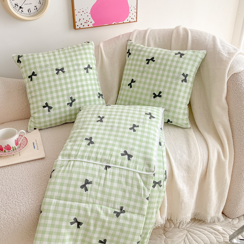 Brand New 40s Style Korean Washed Cotton Dual-use Car Pillow Blanket With A Refreshing Bow Design._voghion.com