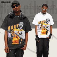 2025跨境科比黑曼巴重磅纯棉短袖t恤美式复古直喷印花小领口上衣