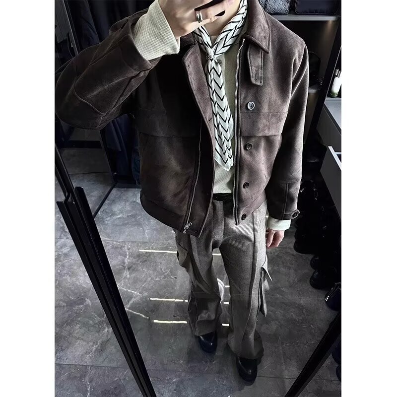 Cleanfit Jacket Retro Short Lapel Suede Jacket Men's Trendy Baseball Uniform Loose Casual American Couple Cleanfit Jacket Retro Short Lapel Suede Jacket Men's Trendy Baseball Uniform Loose Casual American Couple