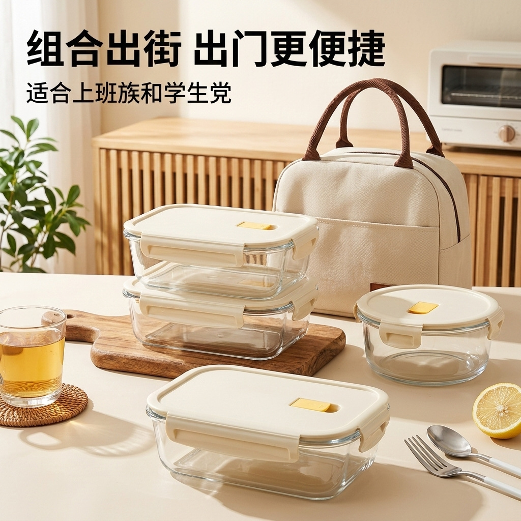 玻璃饭盒玻璃碗透明方形微波炉保鲜便当盒上班族带饭餐盒分格密封