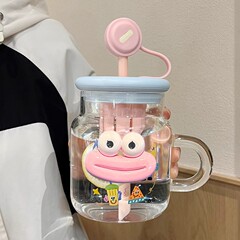 ウォーターカップガラスカップガールズティーカップ2025新しい夏高見えハンドルオフィスかわいいストローカップ