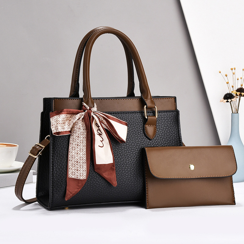 Bolso de mujer de comercio exterior 2025, nuevo paquete de dos piezas de bolso de mujer con patrón de litchi, bolso de hombro de gran capacidad, mochila de mano