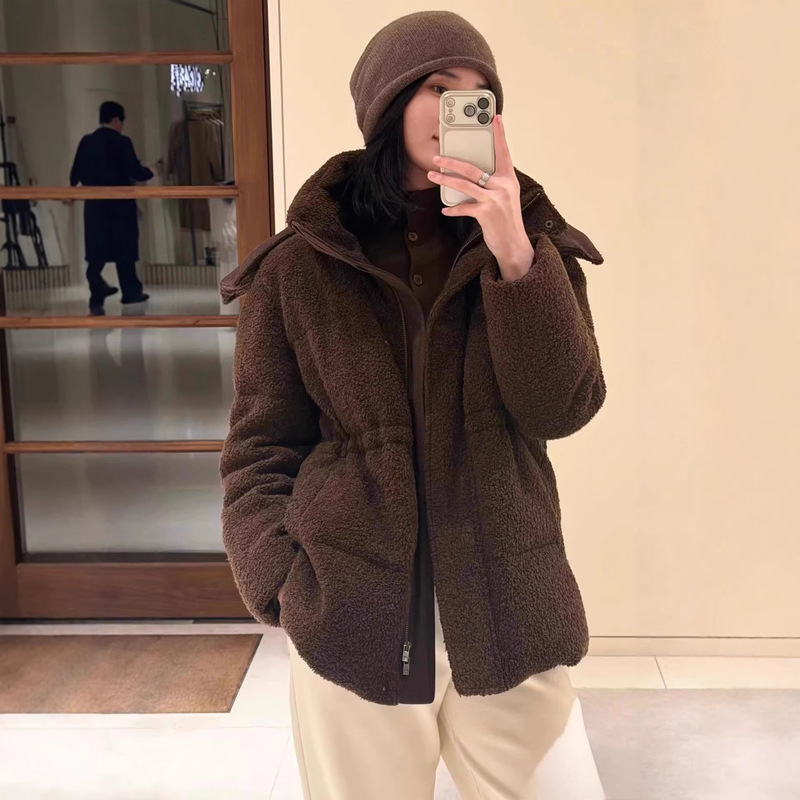 Xiaohe 25 Wool Knitted Teddy Fleece Thickened Detachable Hooded Mid-Length Goose down Jacket with Drawstring Waist Xiaohe 25 Wool Knitted Teddy Fleece Thickened Detachable Hooded Mid-Length Goose down Jacket with Drawstring Waist