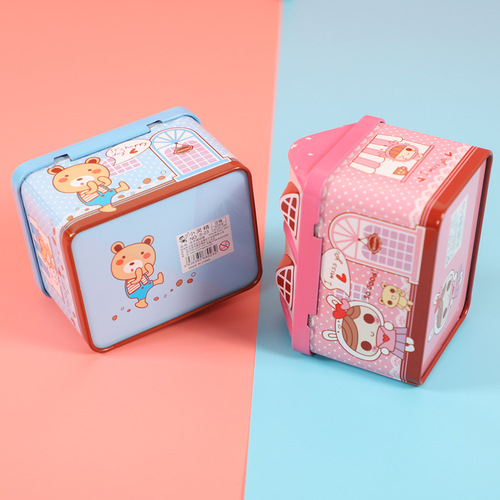 S23 Xiaolingjing tinplate piggy bank cartoon house metal storage coin storage jar for boys and girls with lock