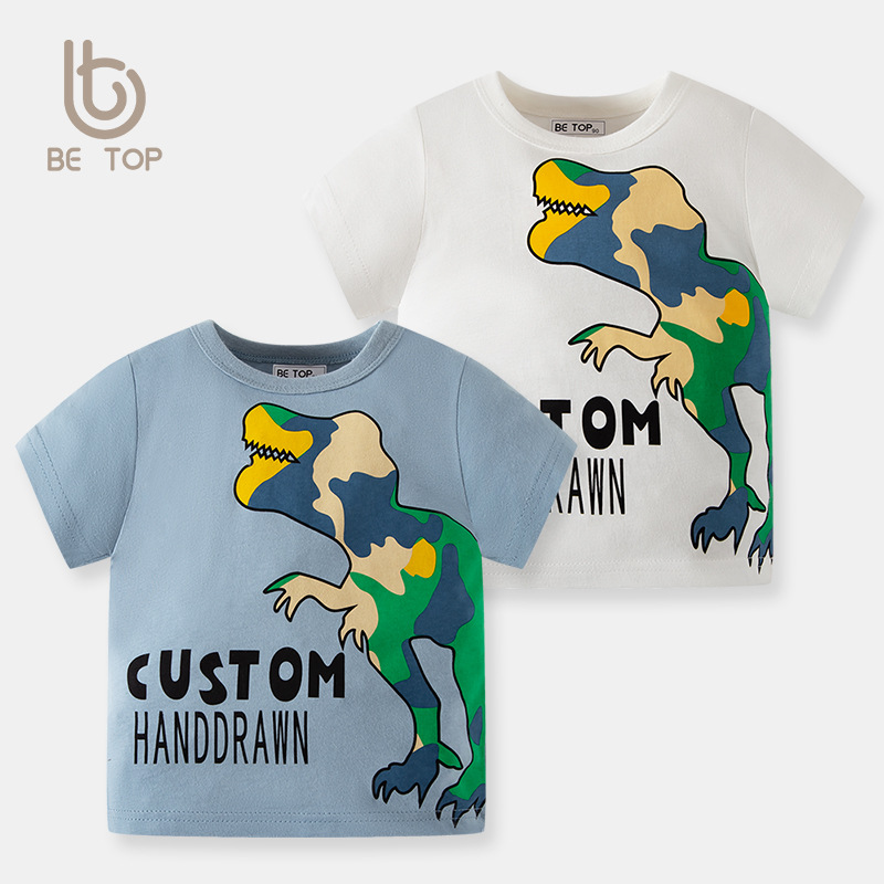Ropa de verano para niños de estilo coreano camuflaje dinosaurio de dibujos animados para niños de manga corta camiseta bebé tops niños cuello redondo moda