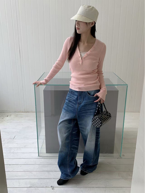 誉一新款2025秋季美式抓纹弯刀牛仔裤女刺绣后袋阔腿裤女hc1361|undefined
