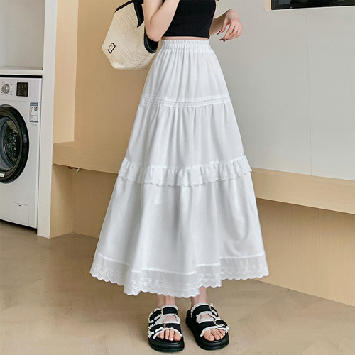 White cake skirt, high-waisted, figure-flattering, versatile midi skirt in a soft, sweet, and romantic Korean-style design with an elastic waist—perfect for an ethereal, fairy-like look.