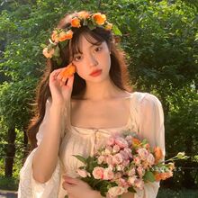 新款仙女粉色花环头饰森系发圈少女成人仿真花朵拍照道具头花发饰