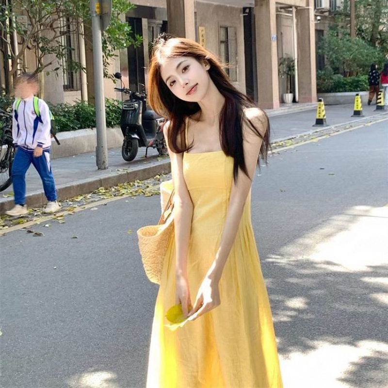 여성을위한 부드러운 노란색 서스펜더 드레스 여름 프랑스 스타일 허리 슬리밍 a 라인 스커트 해변 휴가 롱 스커트