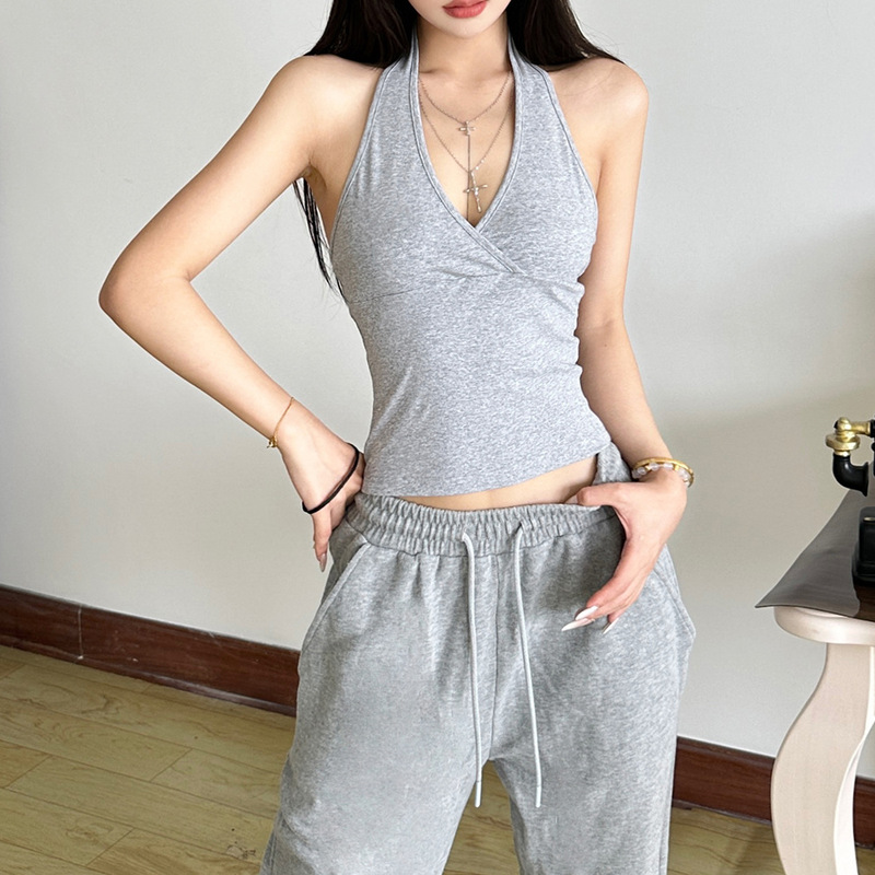 跨境欧美风2025秋季新款女装挂脖露肩无袖打底上衣长袖外搭两件套|undefined