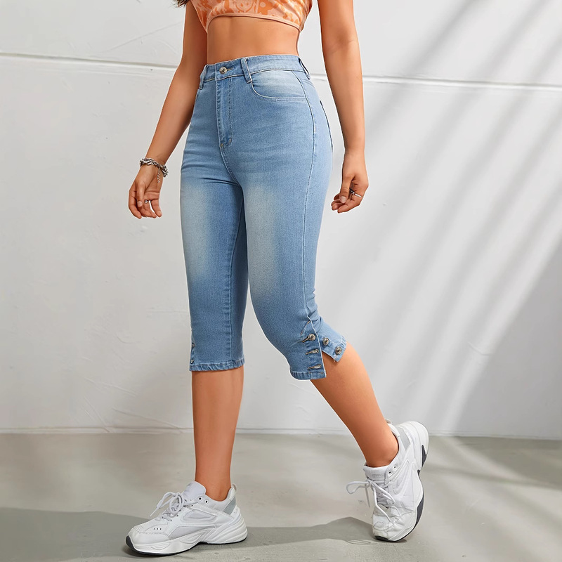 Spring and Summer New Washed Denim Contrast Color High Waist Slimming All-match Foot Denim Cropped Pants for Women 18066