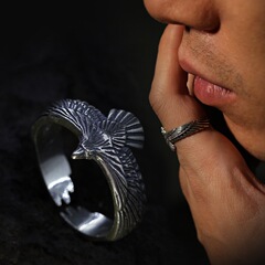 Chiba Thai Silver Eagle Ring Feather Ring Eagle Open Ring Thai Silver Japanese Retro Couple Ring Silver Eagle Index Finger Ring